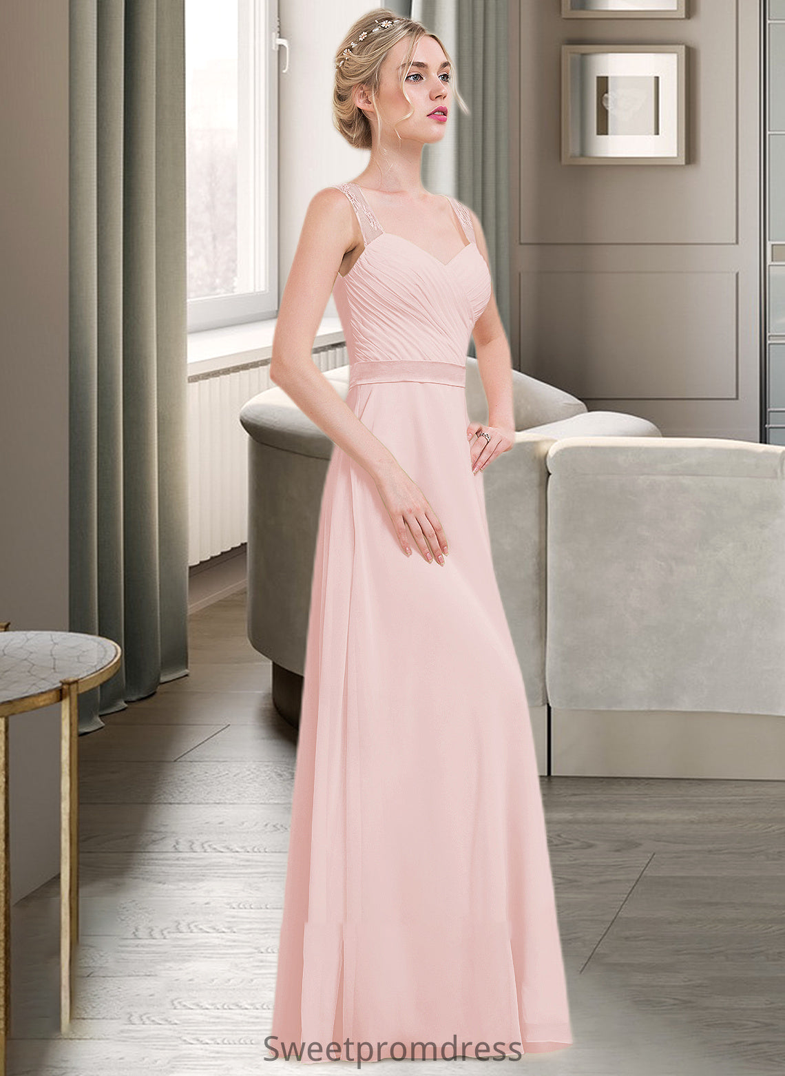 Kadence A-Line/Princess Sweetheart Floor-Length Chiffon Bridesmaid Dress With Ruffle DHP0013239