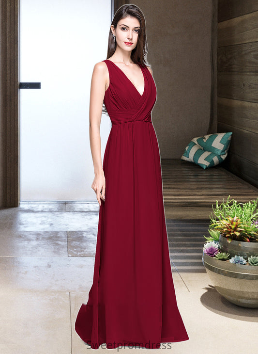 Dahlia A-line V-Neck Floor-Length Chiffon Bridesmaid Dress With Ruffle DHP0013240