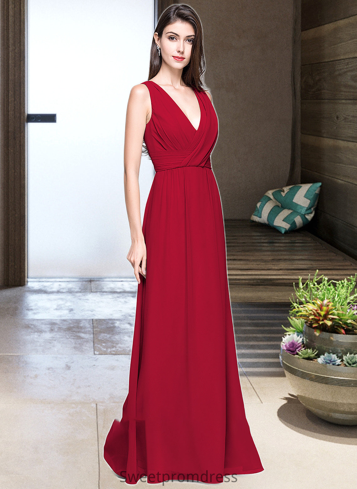 Dahlia A-line V-Neck Floor-Length Chiffon Bridesmaid Dress With Ruffle DHP0013240