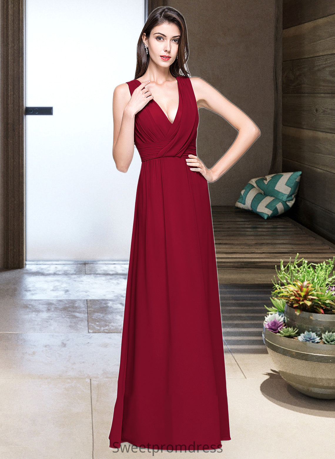 Dahlia A-line V-Neck Floor-Length Chiffon Bridesmaid Dress With Ruffle DHP0013240