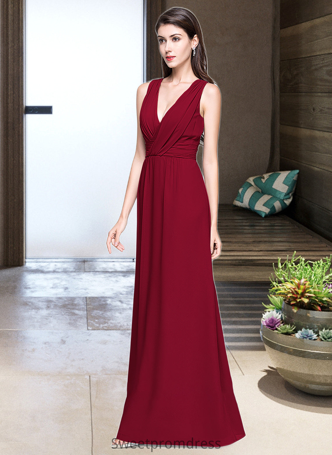 Dahlia A-line V-Neck Floor-Length Chiffon Bridesmaid Dress With Ruffle DHP0013240