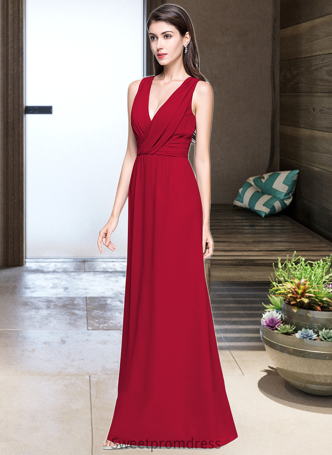 Dahlia A-line V-Neck Floor-Length Chiffon Bridesmaid Dress With Ruffle DHP0013240