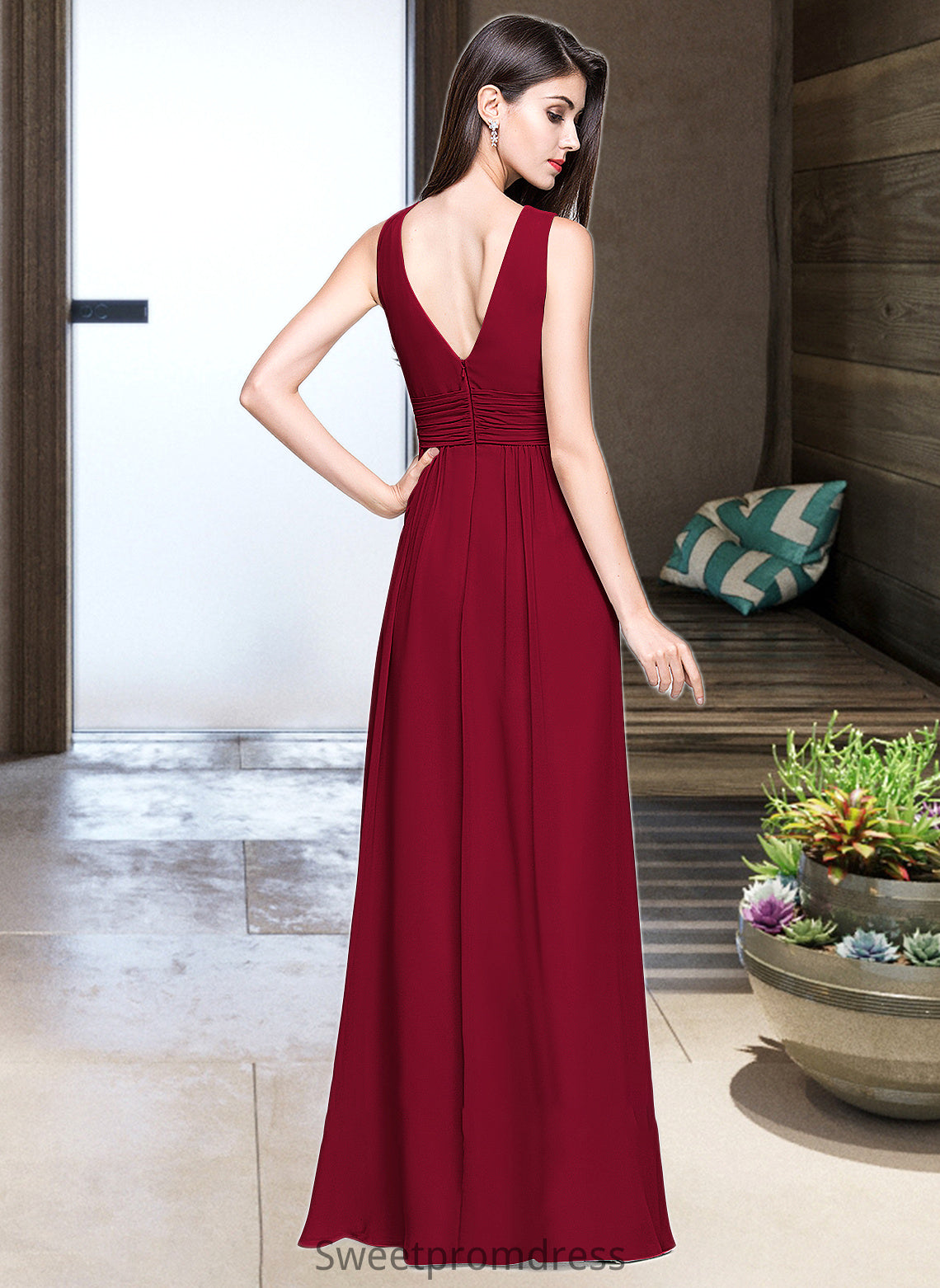 Dahlia A-line V-Neck Floor-Length Chiffon Bridesmaid Dress With Ruffle DHP0013240