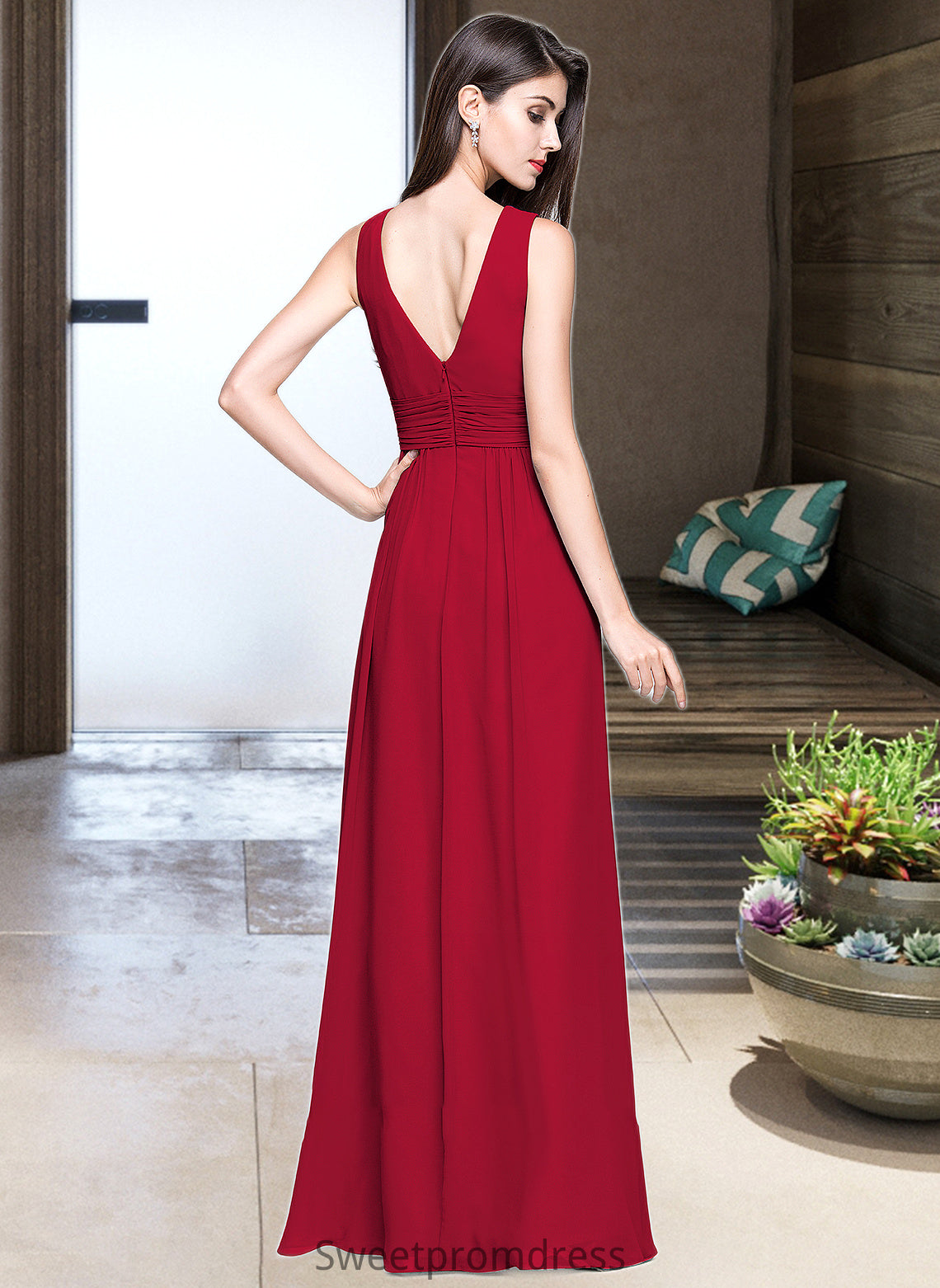 Dahlia A-line V-Neck Floor-Length Chiffon Bridesmaid Dress With Ruffle DHP0013240