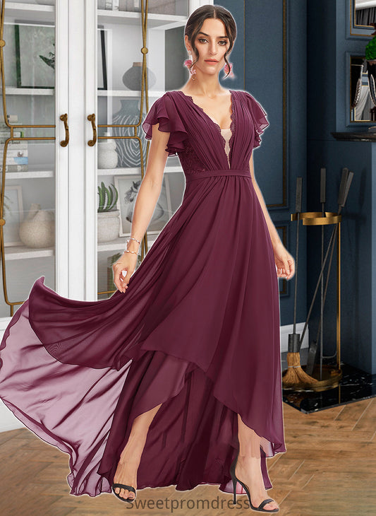 Macie A-Line V-neck Asymmetrical Bridesmaid Dress With Lace Cascading Ruffles DHP0013243