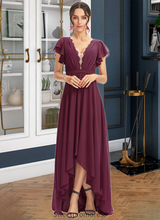 Macie A-Line V-neck Asymmetrical Bridesmaid Dress With Lace Cascading Ruffles DHP0013243