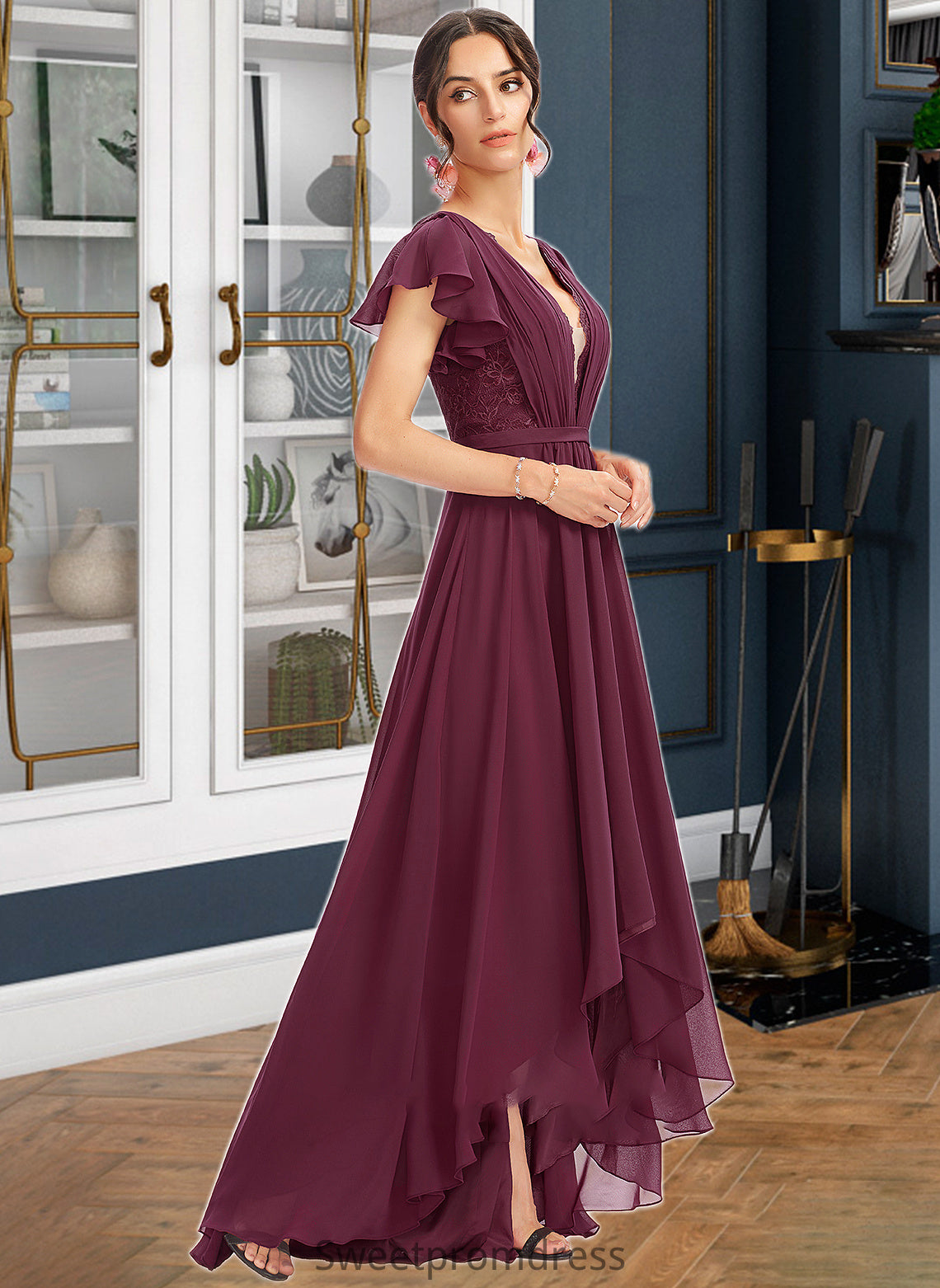 Macie A-Line V-neck Asymmetrical Bridesmaid Dress With Lace Cascading Ruffles DHP0013243