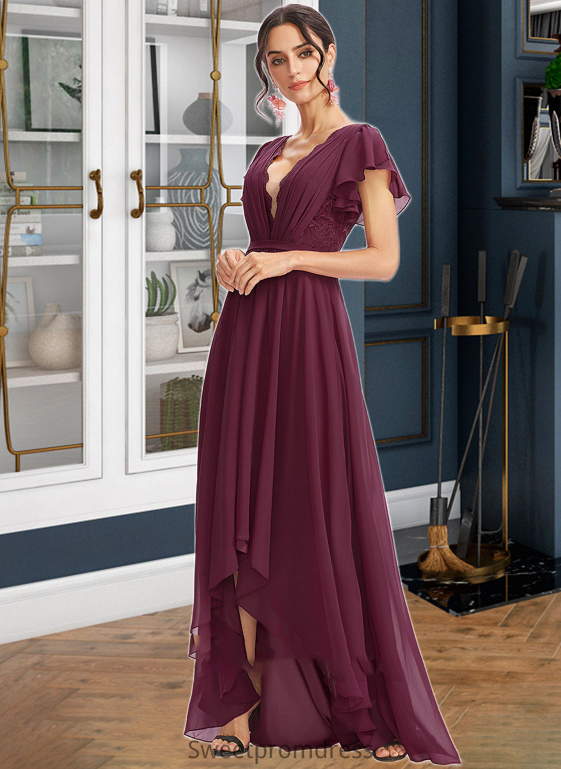 Macie A-Line V-neck Asymmetrical Bridesmaid Dress With Lace Cascading Ruffles DHP0013243