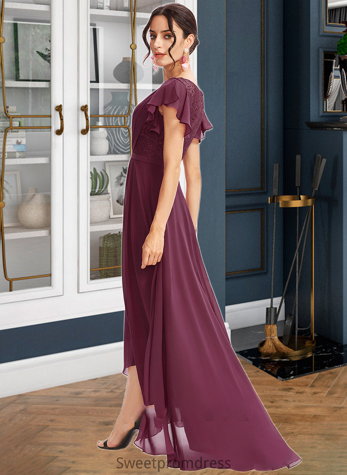 Macie A-Line V-neck Asymmetrical Bridesmaid Dress With Lace Cascading Ruffles DHP0013243