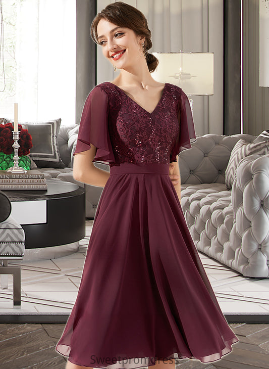 Kyra A-Line V-neck Knee-Length Chiffon Lace Bridesmaid Dress With Sequins DHP0013246