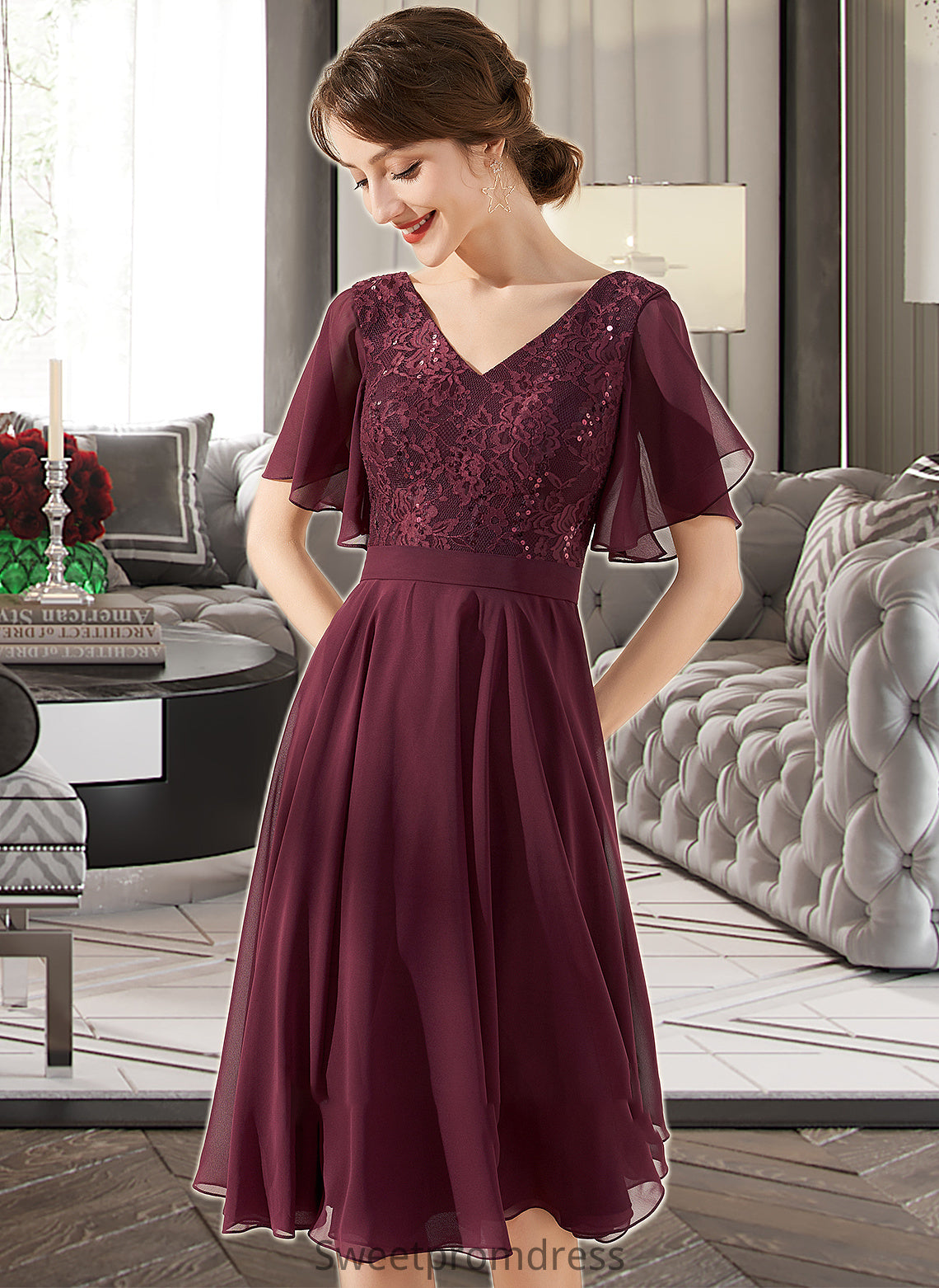 Kyra A-Line V-neck Knee-Length Chiffon Lace Bridesmaid Dress With Sequins DHP0013246