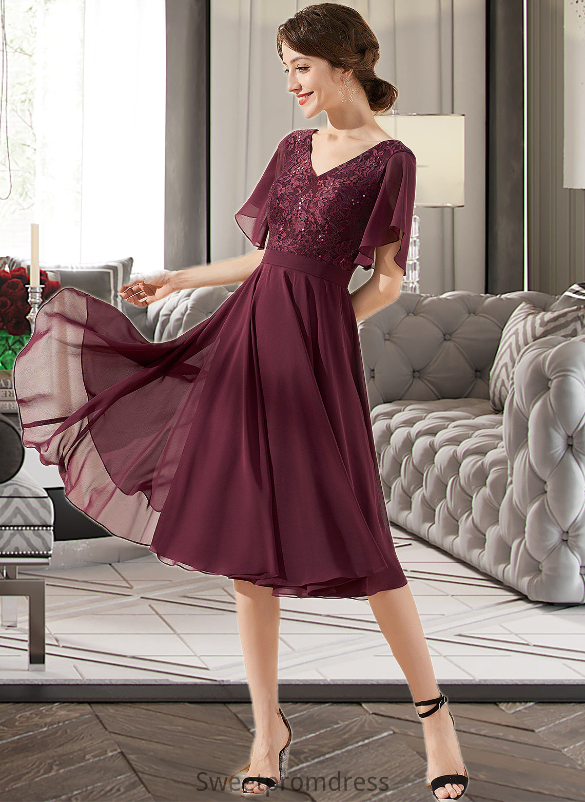 Kyra A-Line V-neck Knee-Length Chiffon Lace Bridesmaid Dress With Sequins DHP0013246