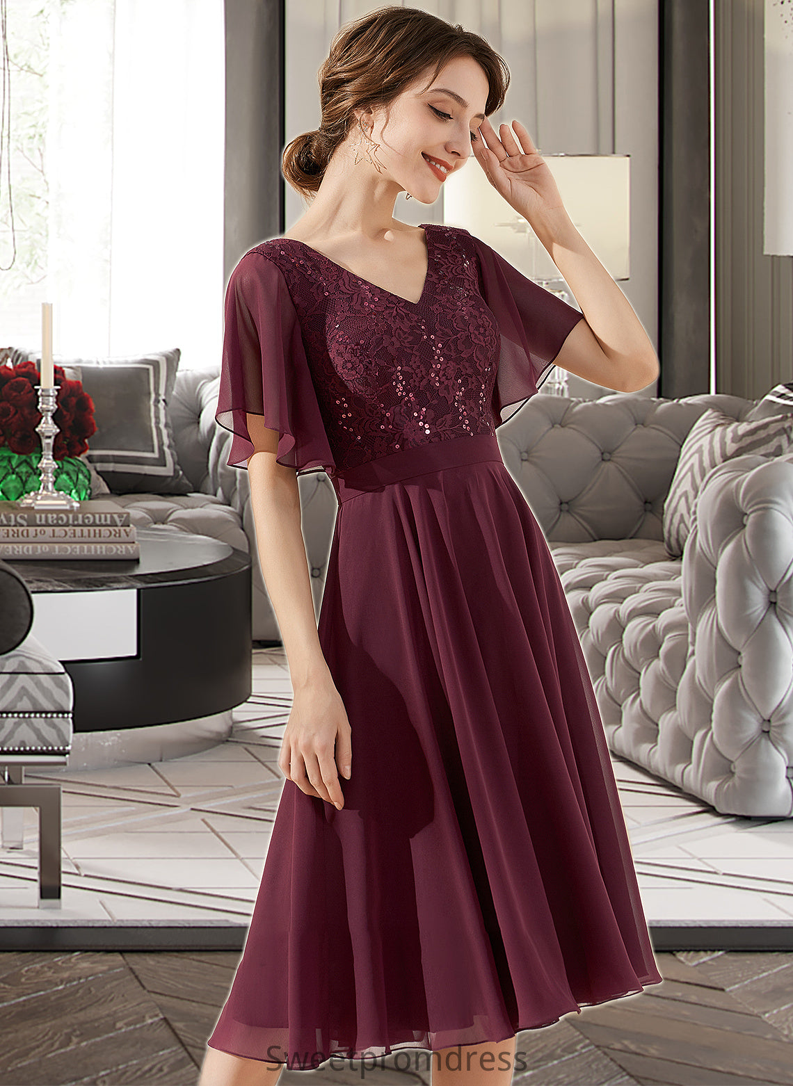 Kyra A-Line V-neck Knee-Length Chiffon Lace Bridesmaid Dress With Sequins DHP0013246