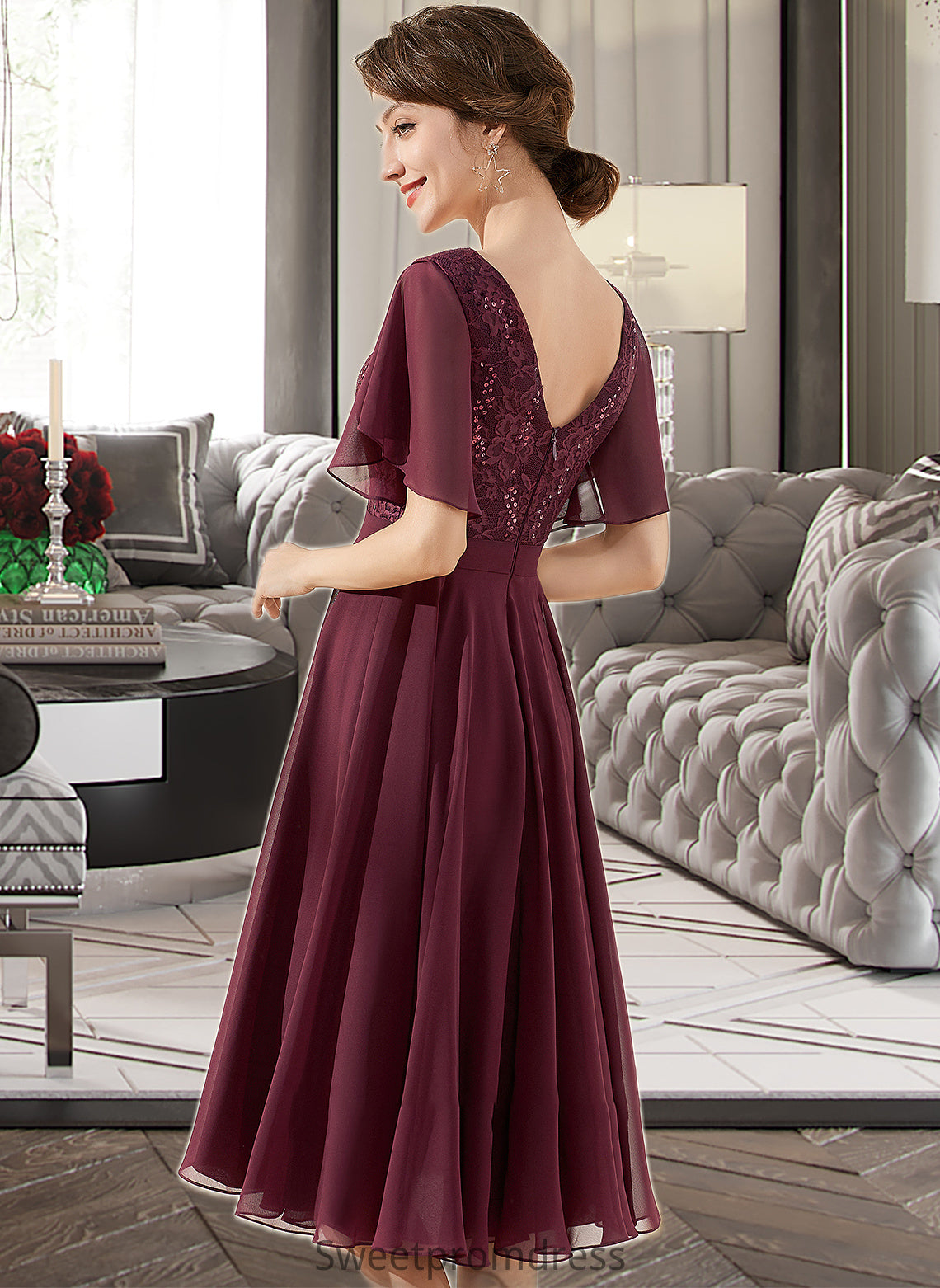 Kyra A-Line V-neck Knee-Length Chiffon Lace Bridesmaid Dress With Sequins DHP0013246