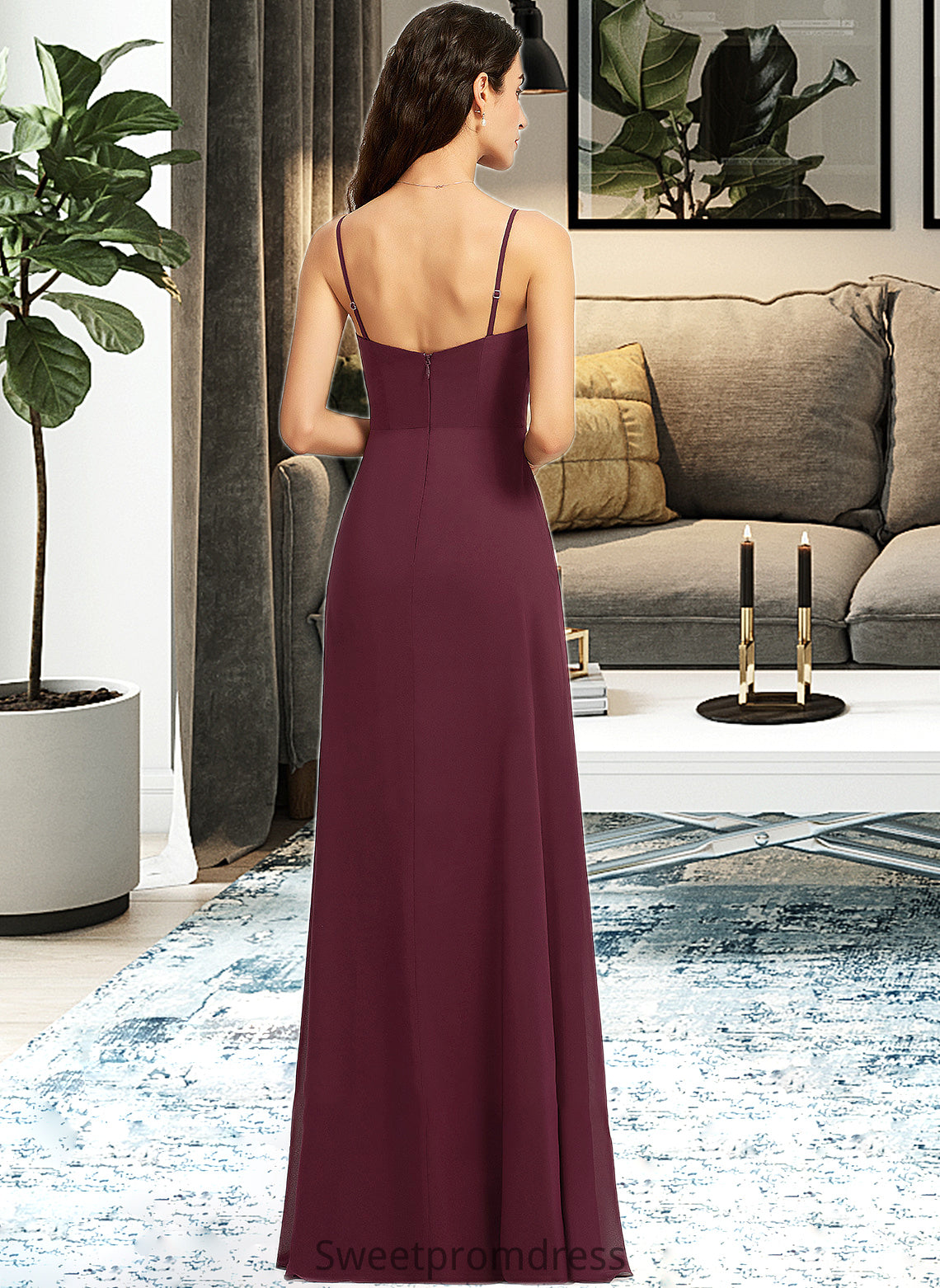 Lillianna Sheath/Column V-neck Floor-Length Bridesmaid Dress With Ruffle Split Front DHP0013247