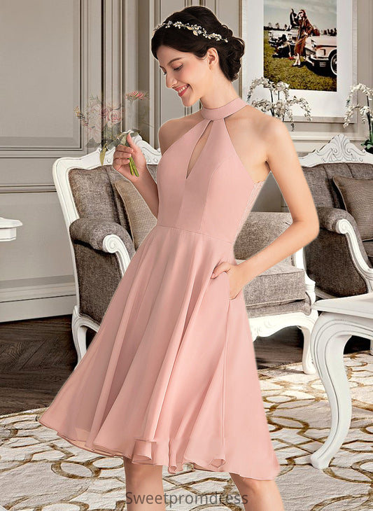 Myah A-Line Scoop Neck Knee-Length Chiffon Bridesmaid Dress With Lace Pockets DHP0013249