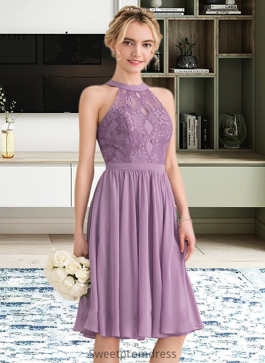 Sara A-Line Scoop Neck Knee-Length Chiffon Lace Bridesmaid Dress DHP0013250