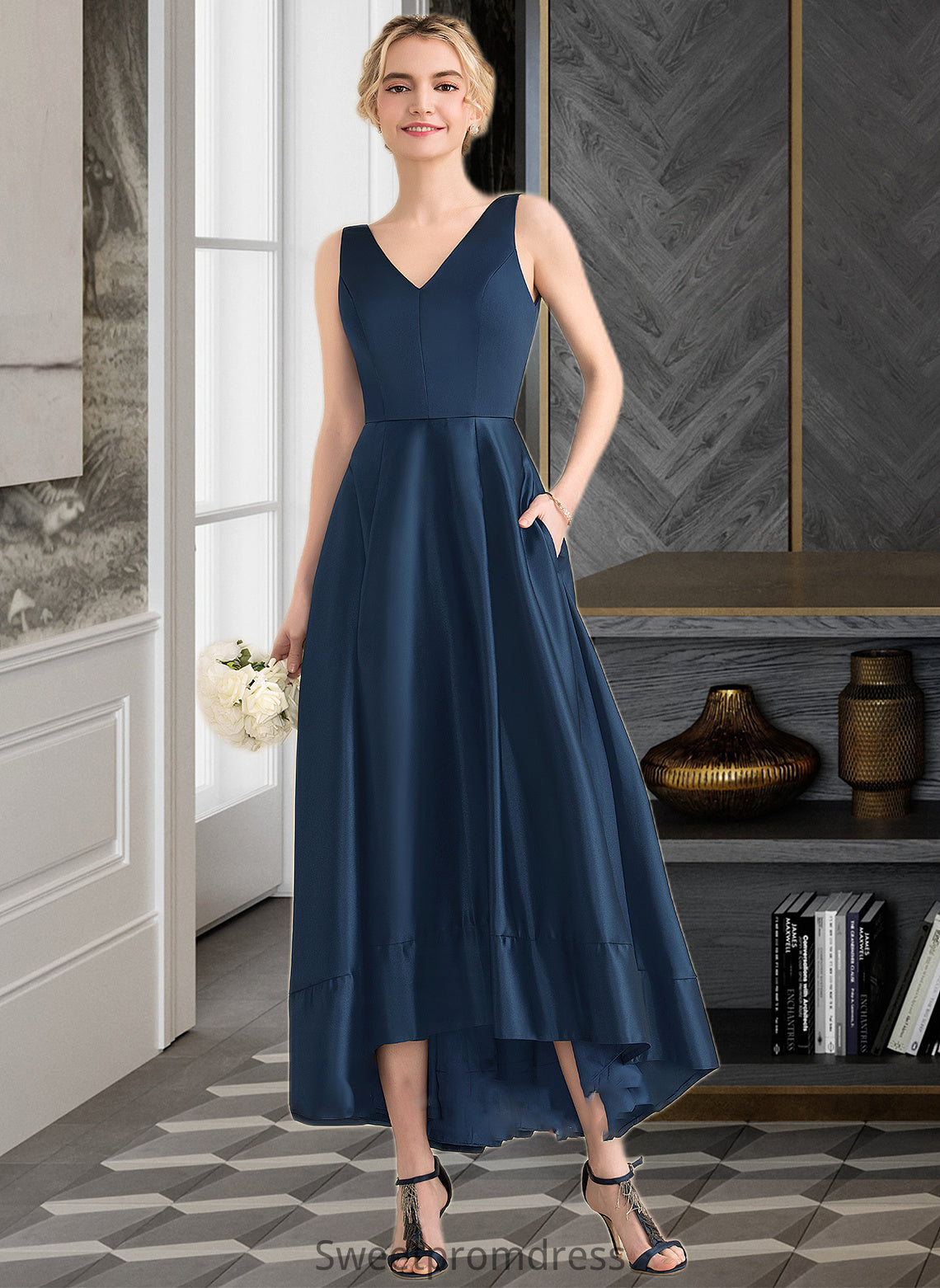 Valery Ball-Gown/Princess V-neck Asymmetrical Satin Bridesmaid Dress With Pockets DHP0013251