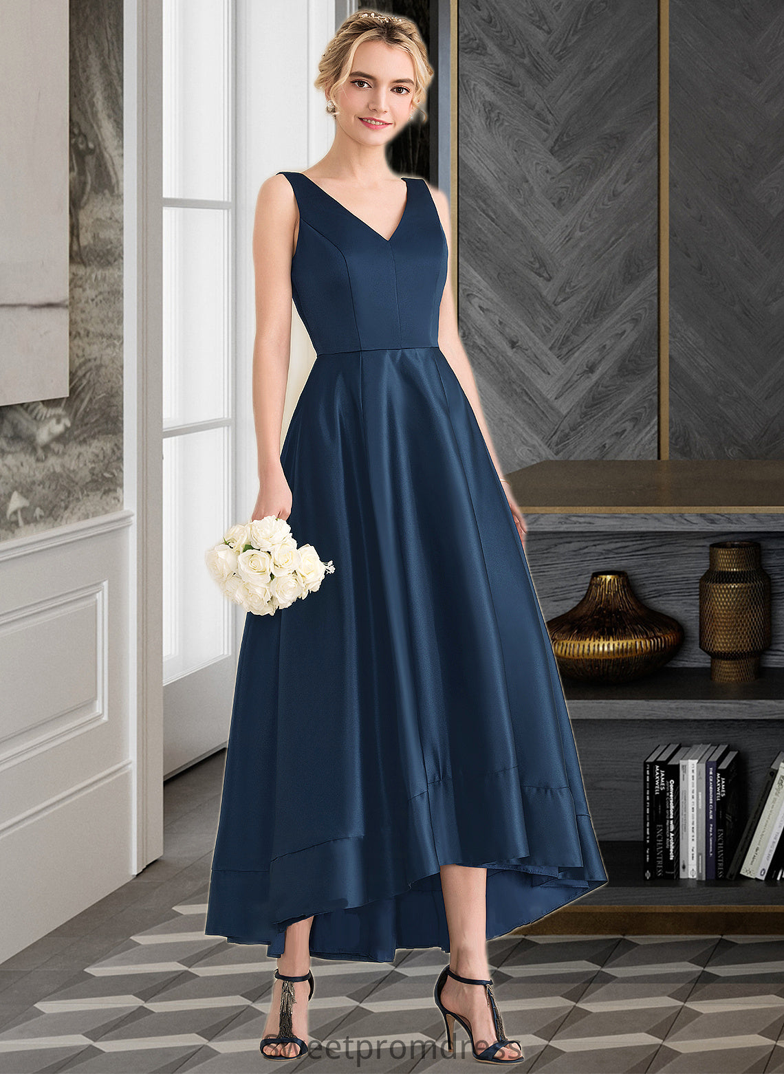 Valery Ball-Gown/Princess V-neck Asymmetrical Satin Bridesmaid Dress With Pockets DHP0013251