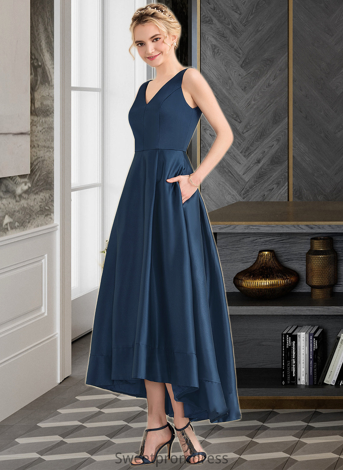 Valery Ball-Gown/Princess V-neck Asymmetrical Satin Bridesmaid Dress With Pockets DHP0013251