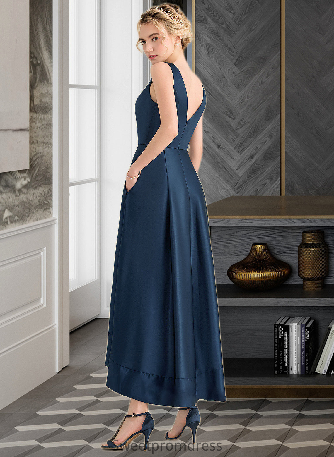 Valery Ball-Gown/Princess V-neck Asymmetrical Satin Bridesmaid Dress With Pockets DHP0013251