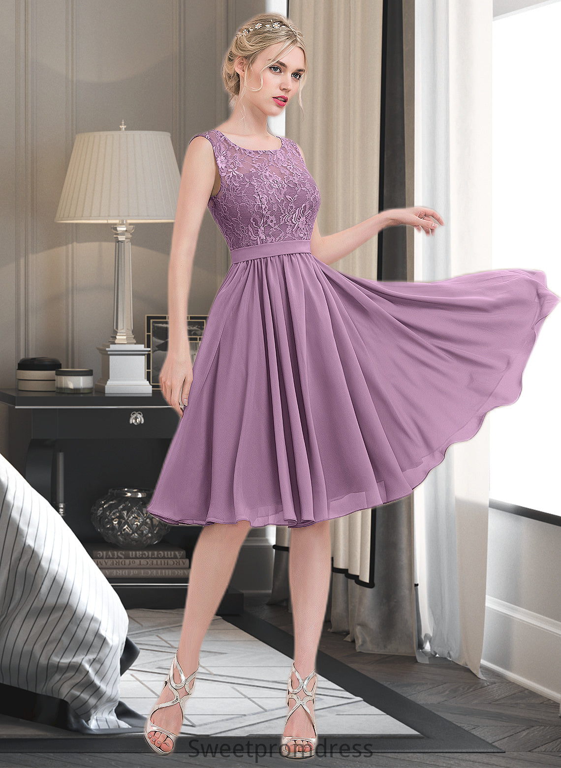 Larissa A-Line Square Neckline Knee-Length Chiffon Lace Bridesmaid Dress DHP0013252