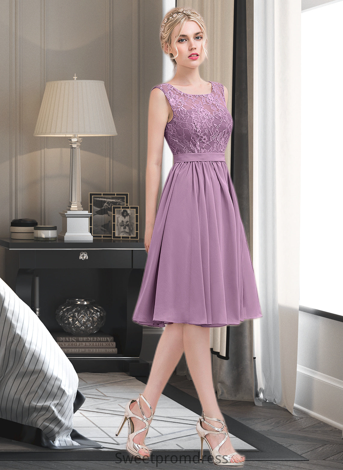 Larissa A-Line Square Neckline Knee-Length Chiffon Lace Bridesmaid Dress DHP0013252