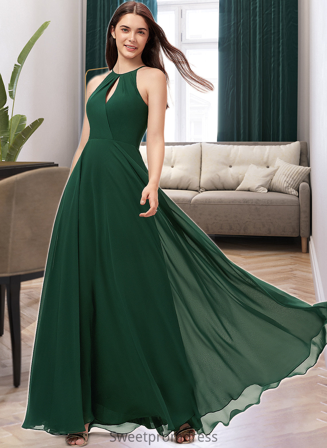 Izabelle A-Line Scoop Neck Floor-Length Chiffon Bridesmaid Dress DHP0013257