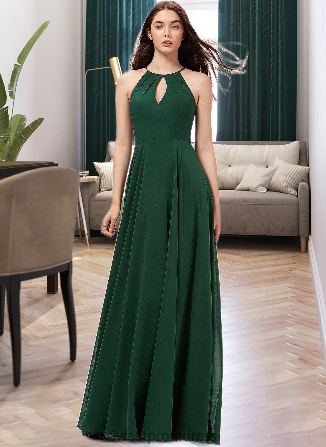 Izabelle A-Line Scoop Neck Floor-Length Chiffon Bridesmaid Dress DHP0013257