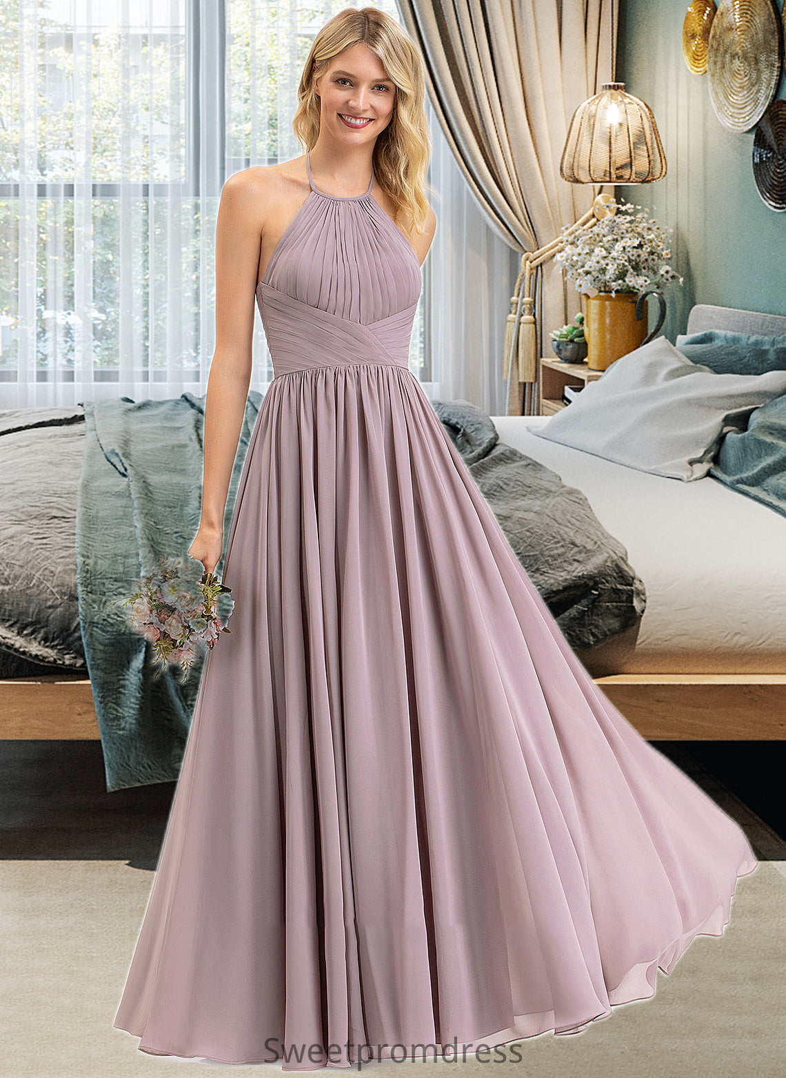 Tiara Empire Halter Floor-Length Chiffon Bridesmaid Dress With Ruffle Bow(s) DHP0013258