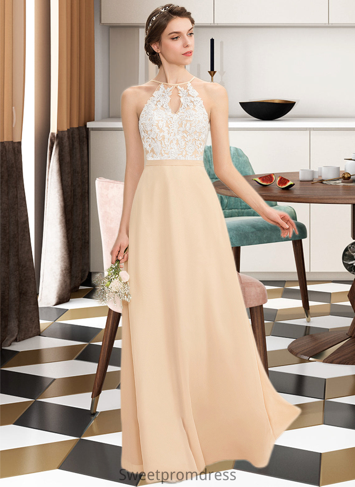 Reyna A-Line Scoop Neck Floor-Length Chiffon Lace Bridesmaid Dress With Bow(s) DHP0013259