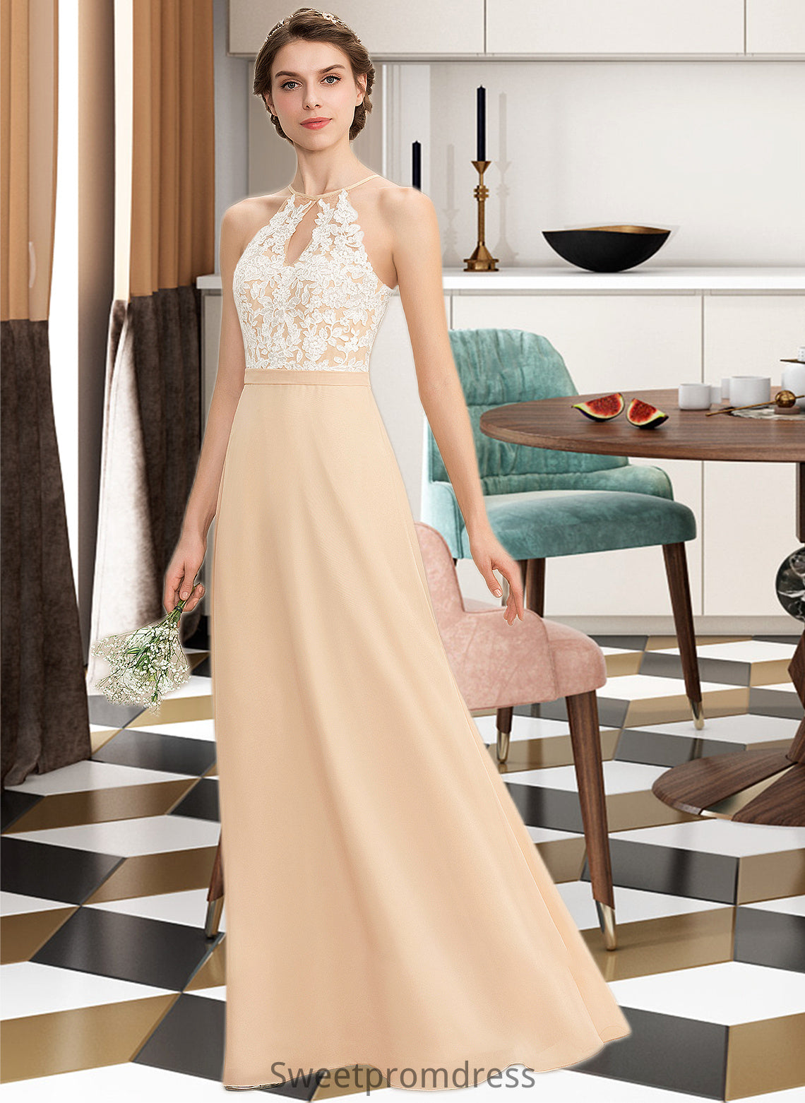 Reyna A-Line Scoop Neck Floor-Length Chiffon Lace Bridesmaid Dress With Bow(s) DHP0013259