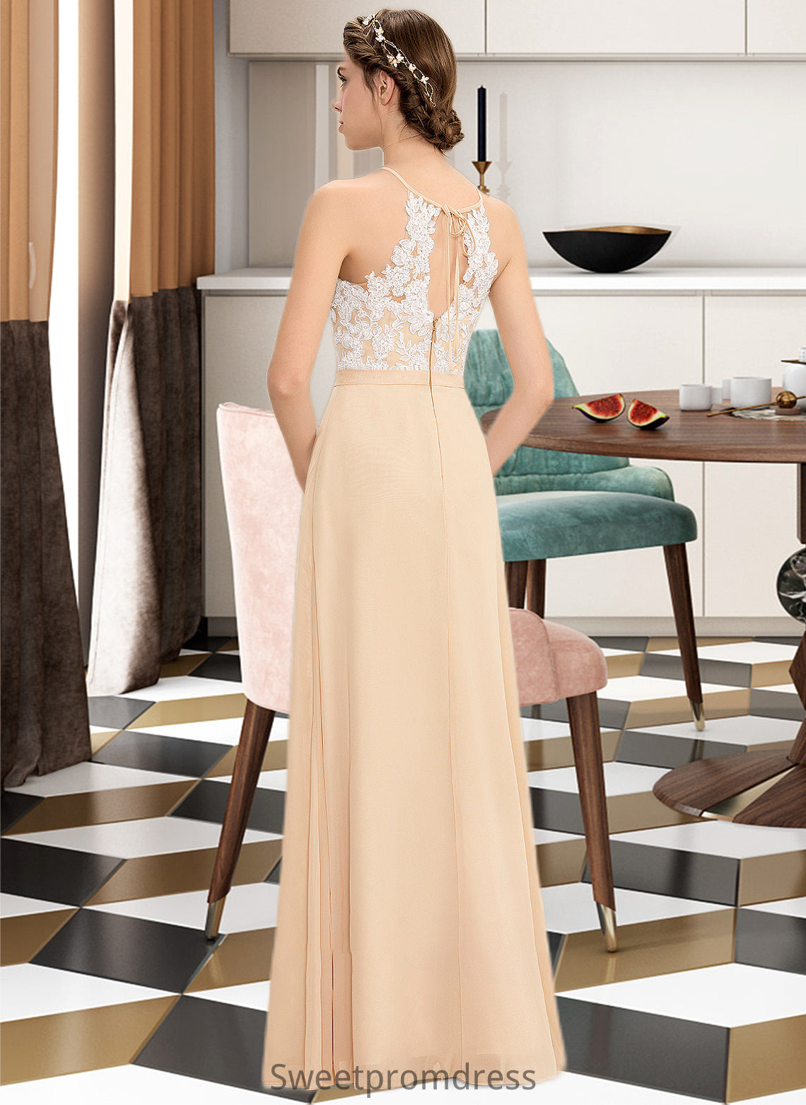 Reyna A-Line Scoop Neck Floor-Length Chiffon Lace Bridesmaid Dress With Bow(s) DHP0013259