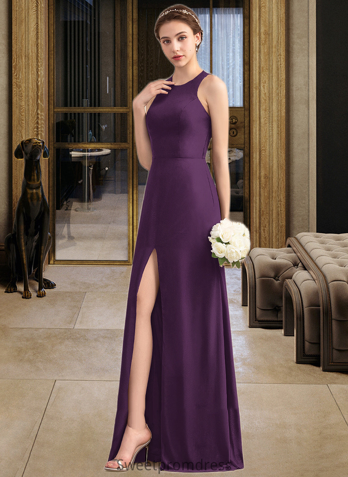 Halle A-Line Scoop Neck Floor-Length Chiffon Bridesmaid Dress With Split Front DHP0013260