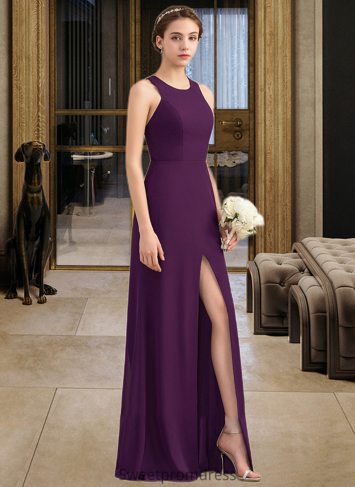 Halle A-Line Scoop Neck Floor-Length Chiffon Bridesmaid Dress With Split Front DHP0013260