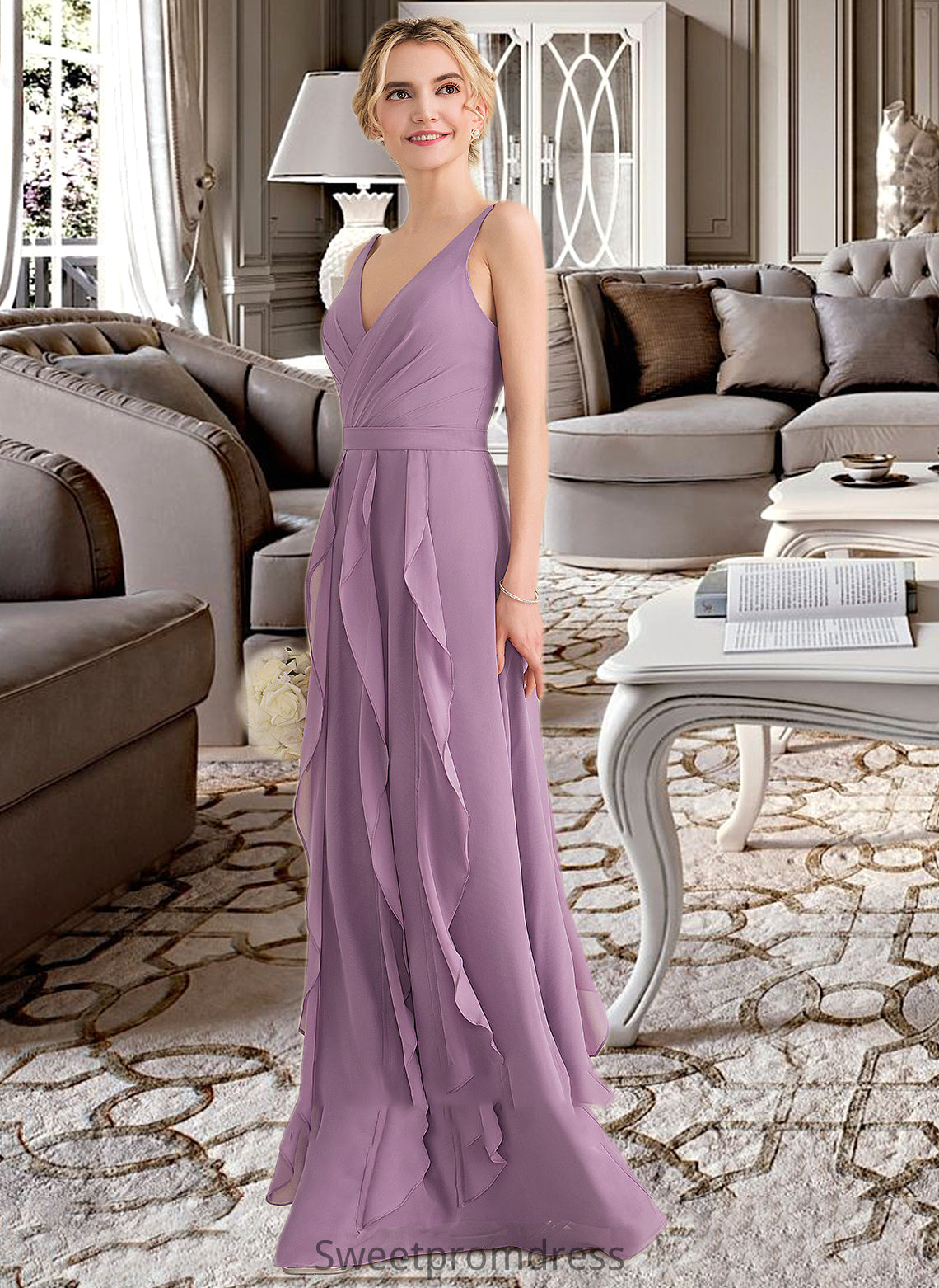 Isla A-Line V-neck Floor-Length Chiffon Bridesmaid Dress With Cascading Ruffles DHP0013261