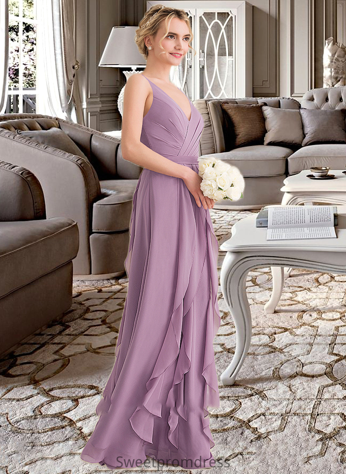 Isla A-Line V-neck Floor-Length Chiffon Bridesmaid Dress With Cascading Ruffles DHP0013261