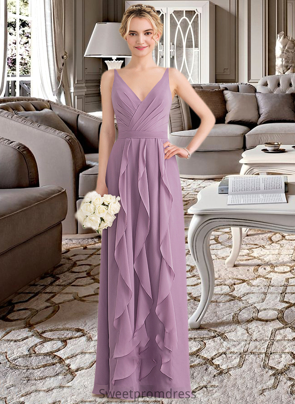 Isla A-Line V-neck Floor-Length Chiffon Bridesmaid Dress With Cascading Ruffles DHP0013261