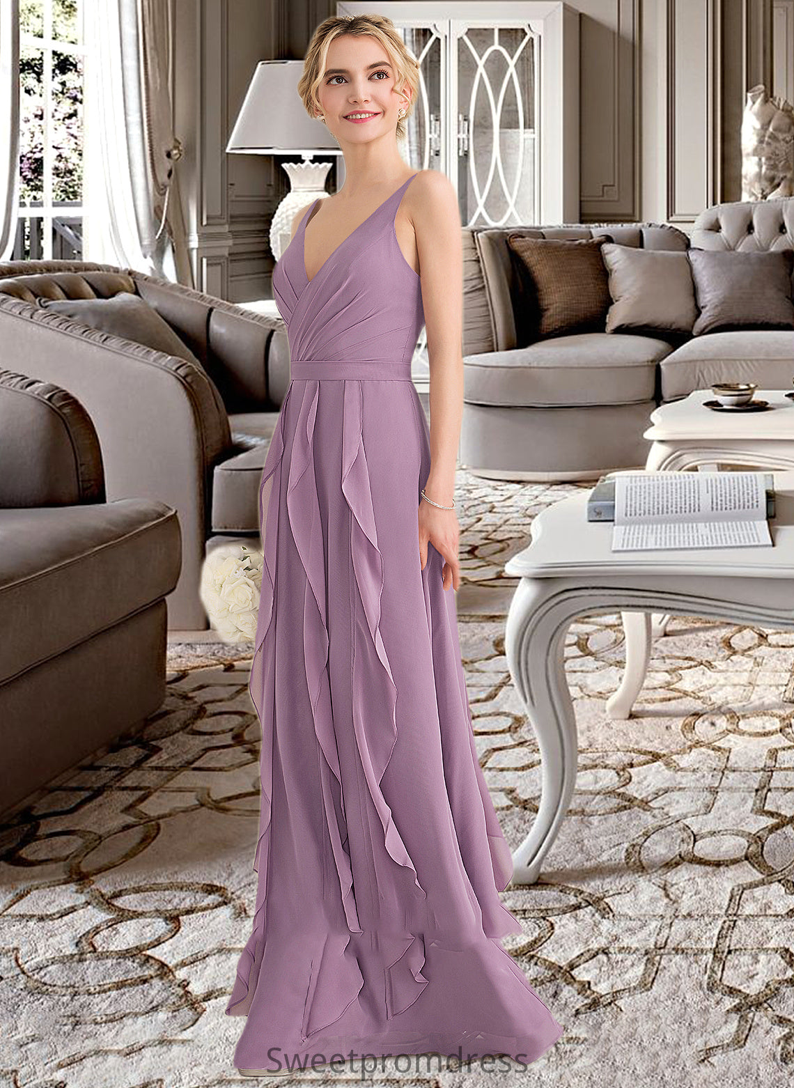 Isla A-Line V-neck Floor-Length Chiffon Bridesmaid Dress With Cascading Ruffles DHP0013261