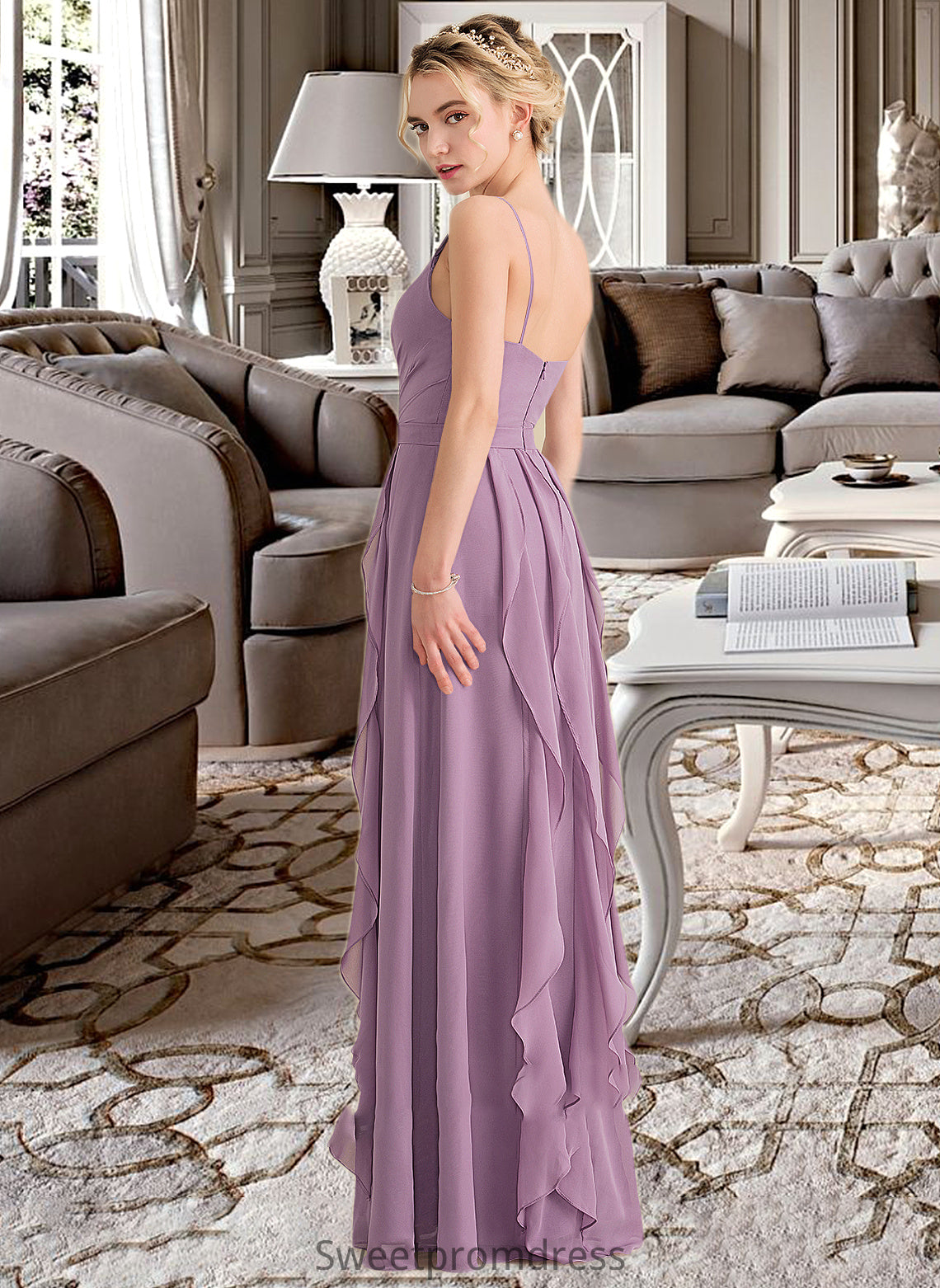 Isla A-Line V-neck Floor-Length Chiffon Bridesmaid Dress With Cascading Ruffles DHP0013261