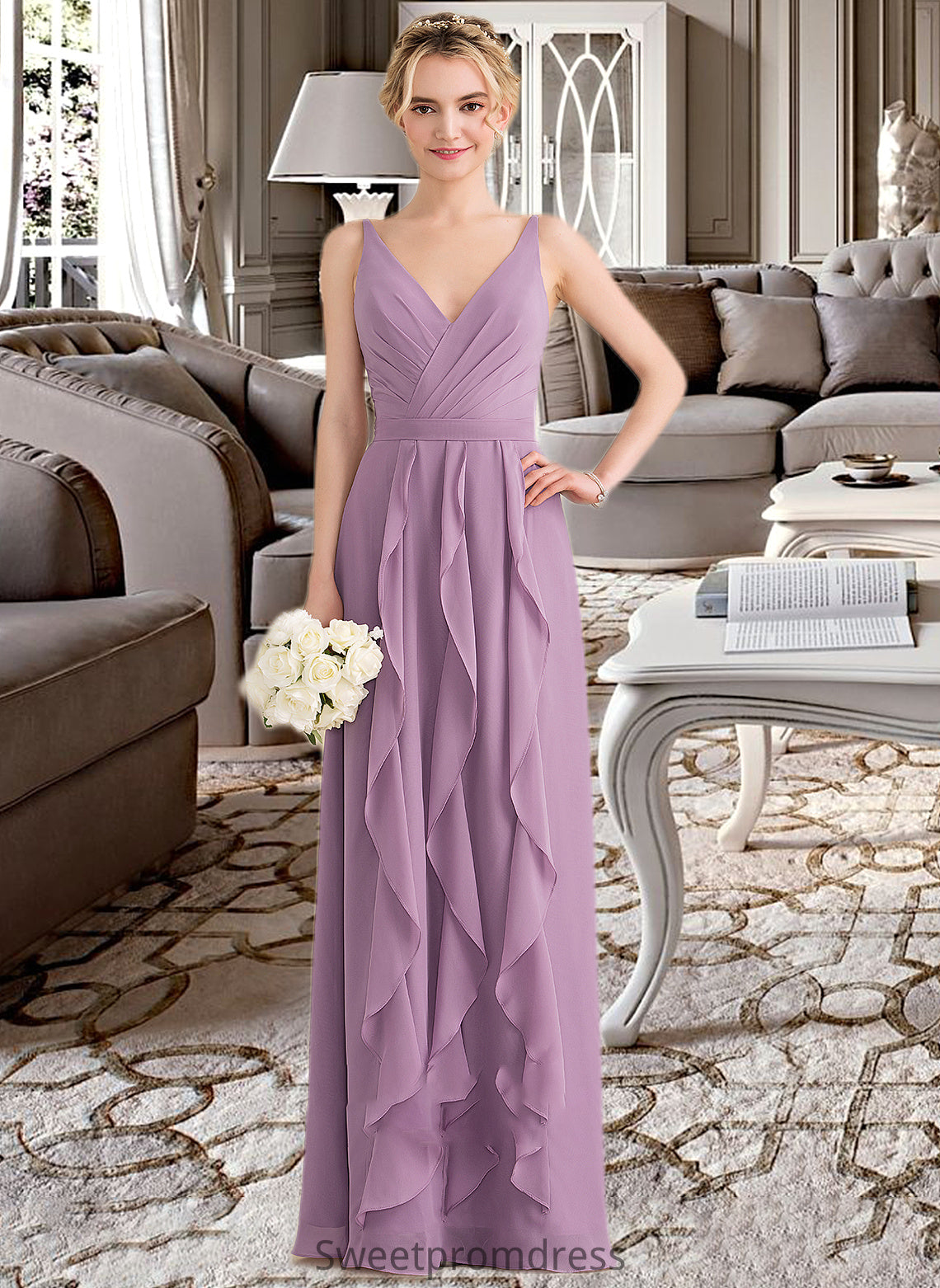 Isla A-Line V-neck Floor-Length Chiffon Bridesmaid Dress With Cascading Ruffles DHP0013261