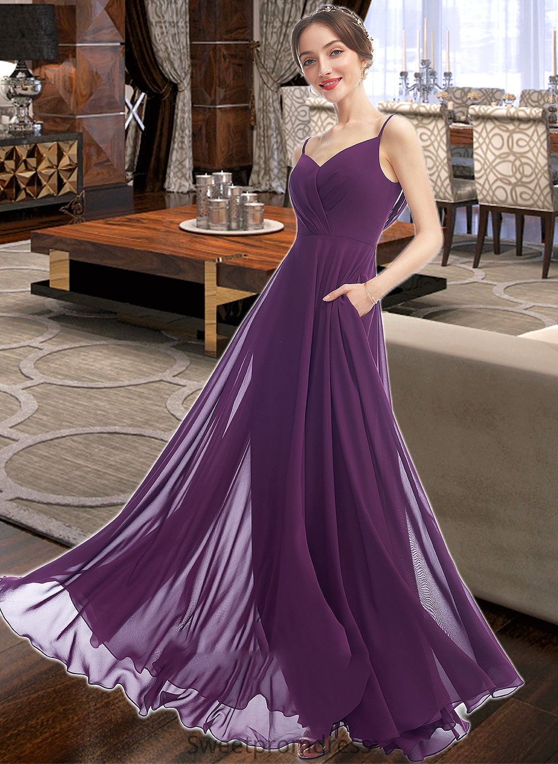 Elyse A-Line V-neck Floor-Length Bridesmaid Dress With Pockets DHP0013263