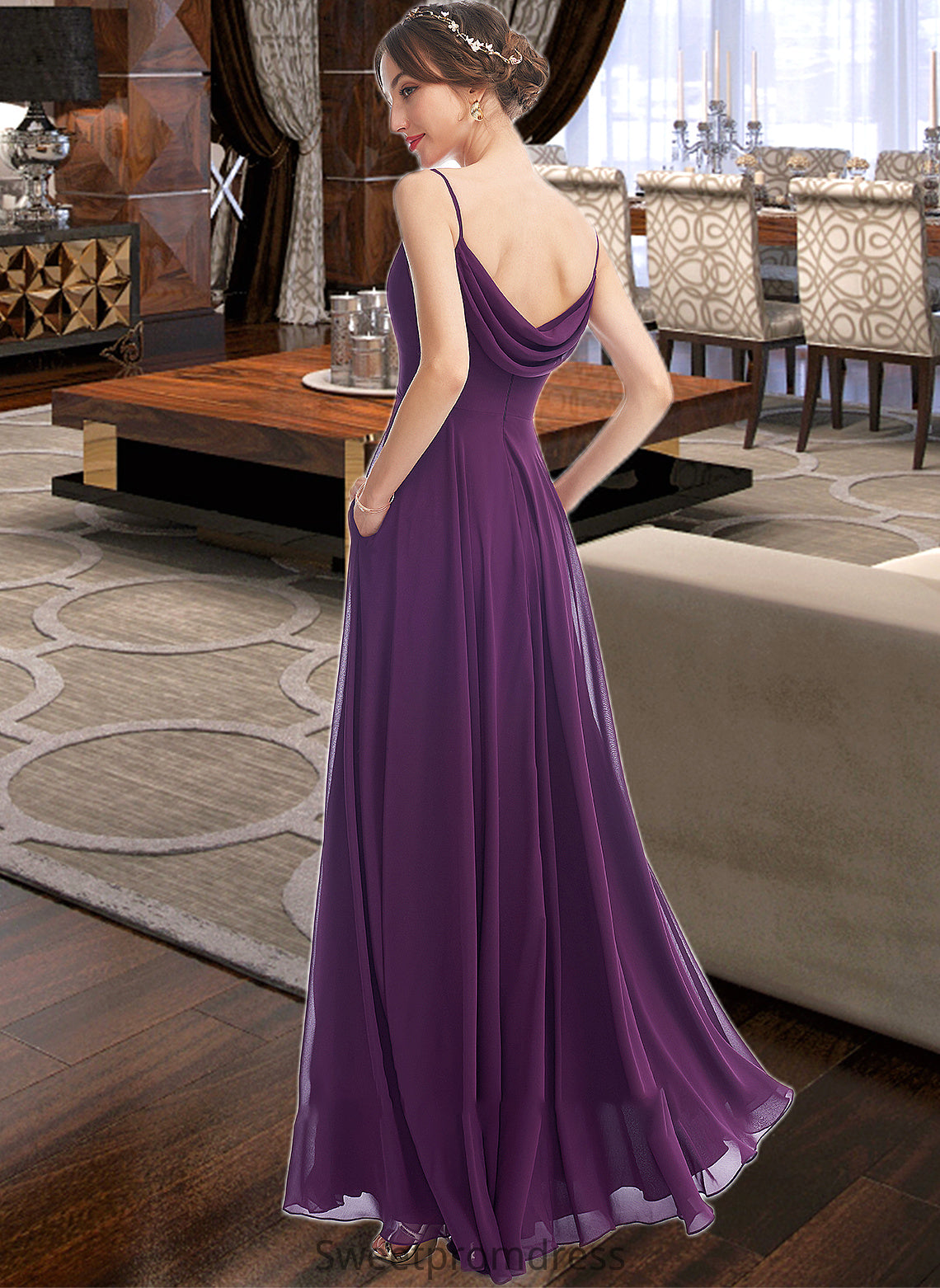 Elyse A-Line V-neck Floor-Length Bridesmaid Dress With Pockets DHP0013263