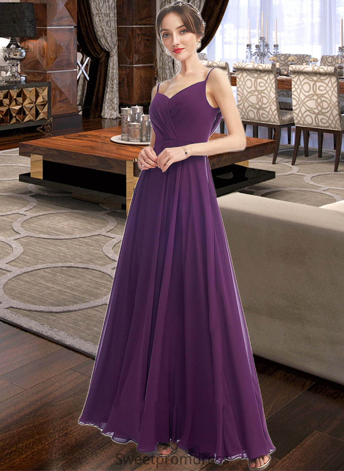 Elyse A-Line V-neck Floor-Length Bridesmaid Dress With Pockets DHP0013263