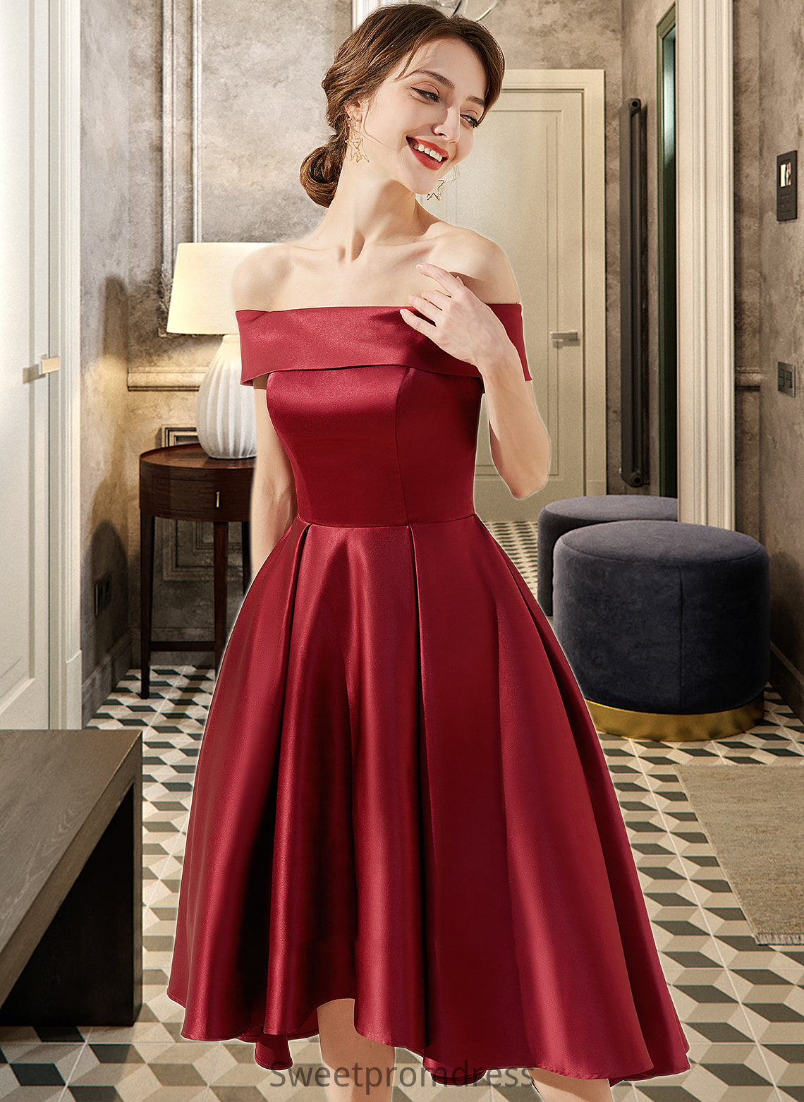 Desirae A-Line Off-the-Shoulder Asymmetrical Satin Bridesmaid Dress With Pockets DHP0013264