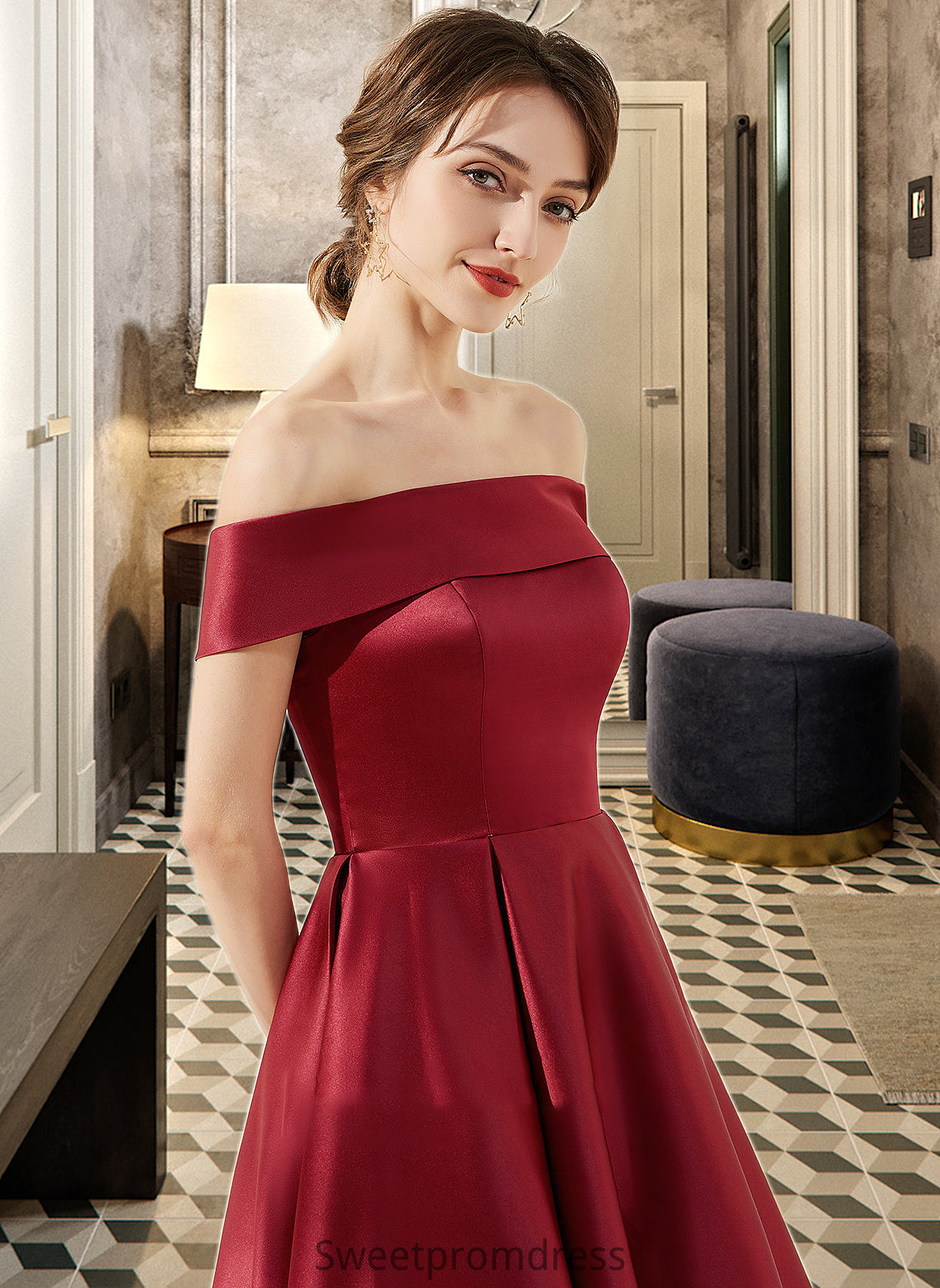 Desirae A-Line Off-the-Shoulder Asymmetrical Satin Bridesmaid Dress With Pockets DHP0013264