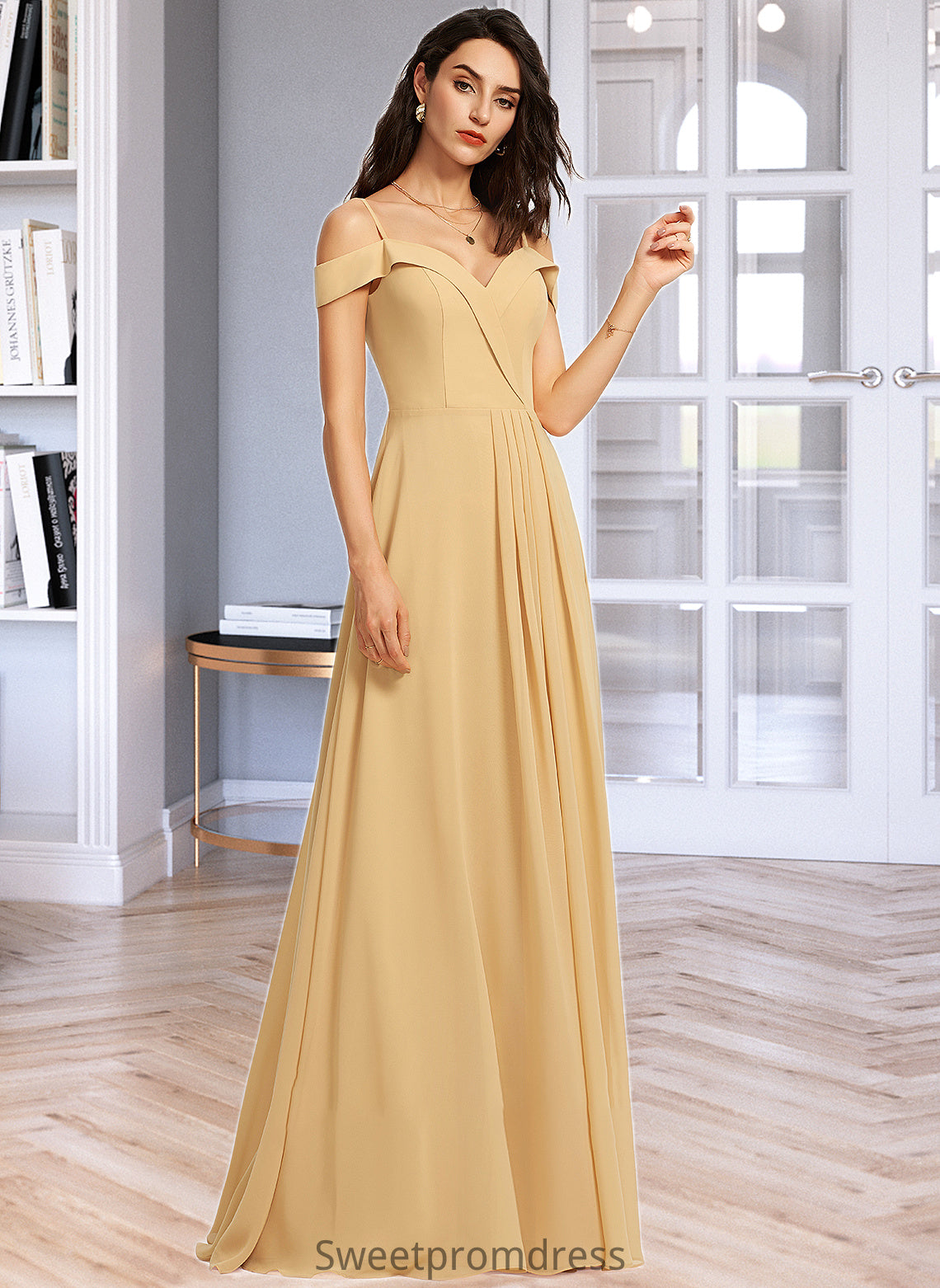 Adrianna A-Line V-neck Floor-Length Bridesmaid Dress DHP0013265