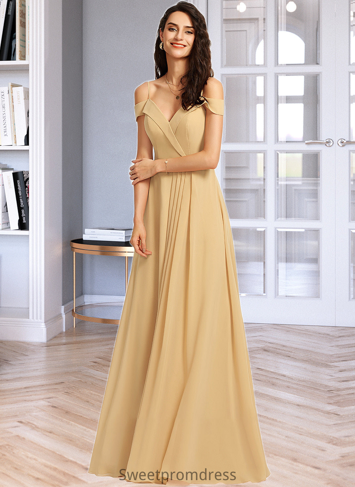 Adrianna A-Line V-neck Floor-Length Bridesmaid Dress DHP0013265