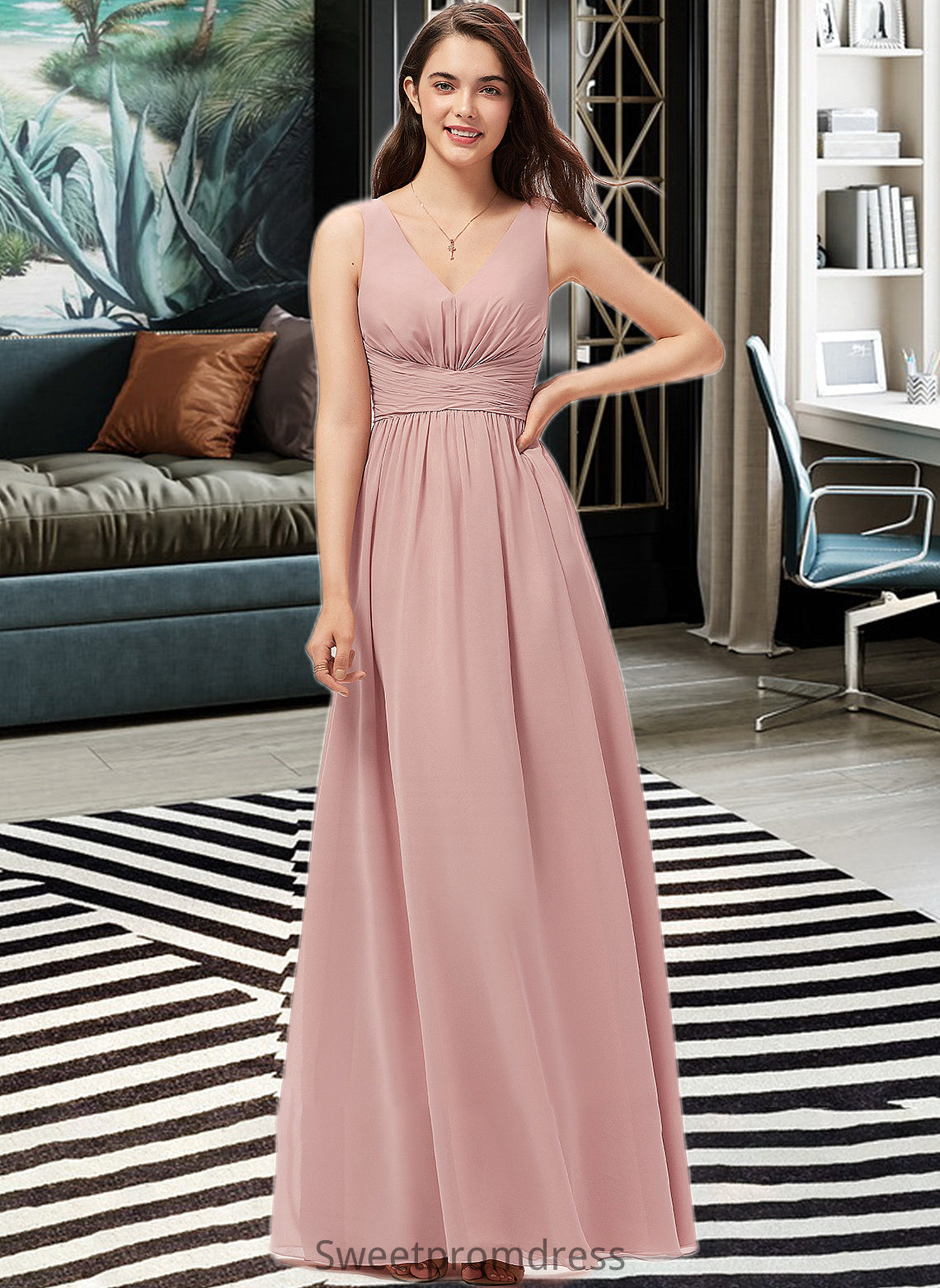 Alula A-Line V-neck Floor-Length Chiffon Bridesmaid Dress With Ruffle DHP0013266