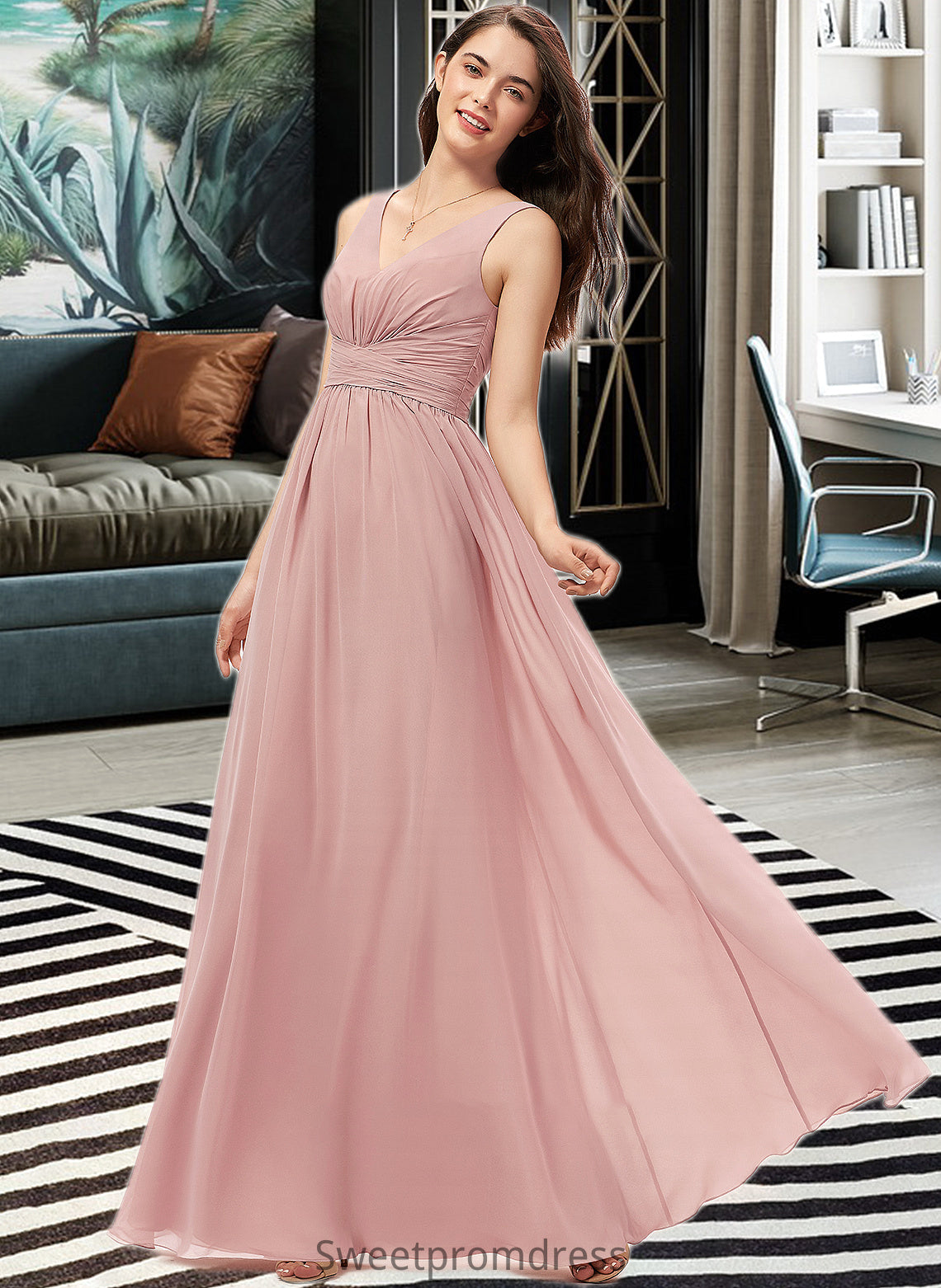 Alula A-Line V-neck Floor-Length Chiffon Bridesmaid Dress With Ruffle DHP0013266